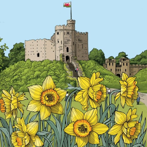 WOAB739 Cardiff Castle Norman Keep Daffodils Milltir Sgwâr Square Mile