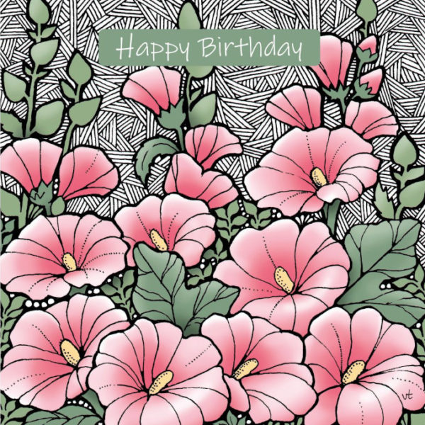 OAB271 Happy Birthday Pink Hollyhocks